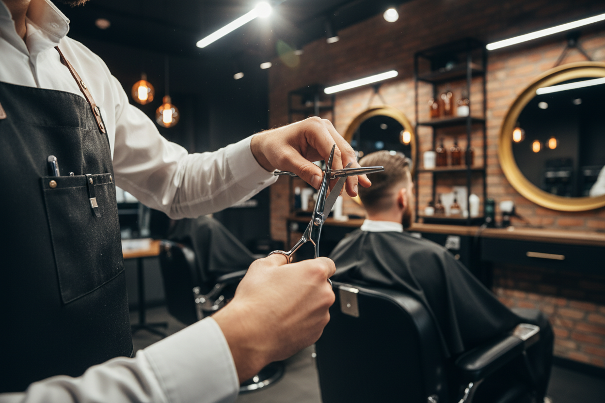 Barber cutting hair with premium shears